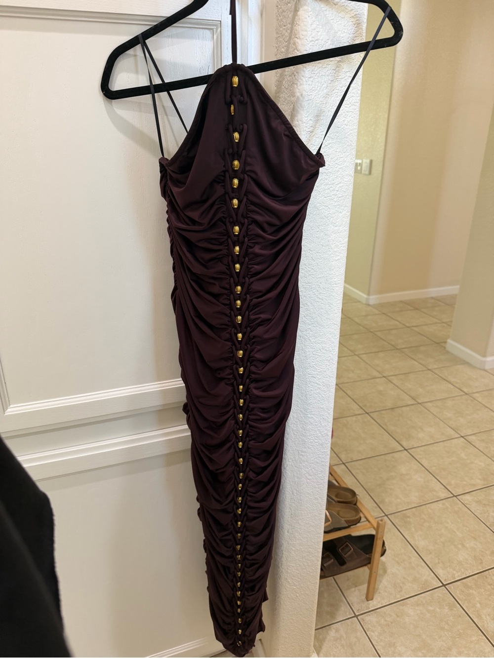 Fashion Nova Deep Plum Ruched Spaghetti-Strap Maxi with Gold Buttons